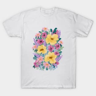 Pink, Yellow And Purple Abstract Wild Flowers Illustration T-Shirt